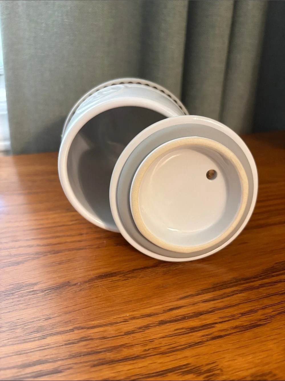 Pampered Chef White Ceramic Cup with Gray Silicone Grip